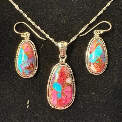 Pink Turquoise Pendant & Earrings (2)