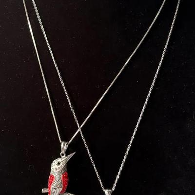 Crimson Fire Opal & Hummingbird Pendants (2)