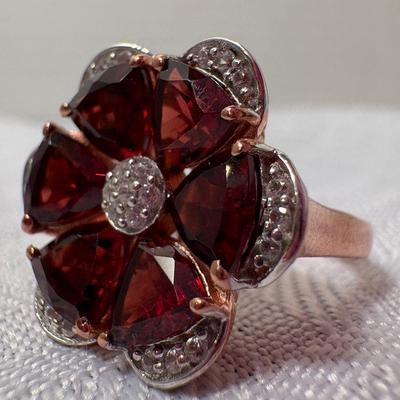 Red Garnet Flower Ring, Size 7