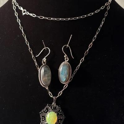 Opal Pendant & Labradorite Earrings (2)