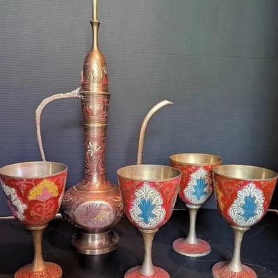 Vintage Brass Ewer & Goblet Set – Hand-Etched & Enamel Decorated