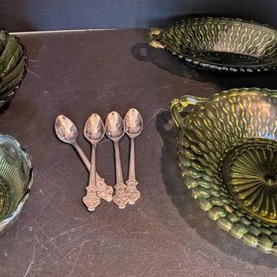 Lot of Vintage Green Glass Serving Bowls and Decorative Spoons
Including Rolex