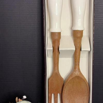Vintage Disney Mickey & Minnie Chef Wooden Salad Server Set with 2007 Disney Cruise Line Snow Globe