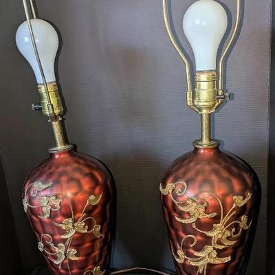 Pair of Vintage Mid-Century Table Lamps – Red & Gold Floral Design