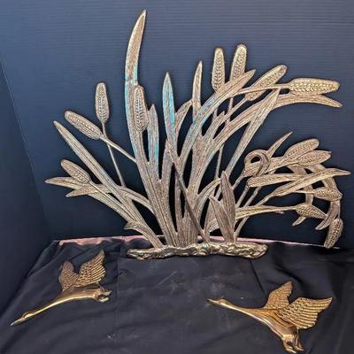 Lot of 3 Vintage Brass Wall Hangings – Cattails with Birds & Pair of Flying Swans