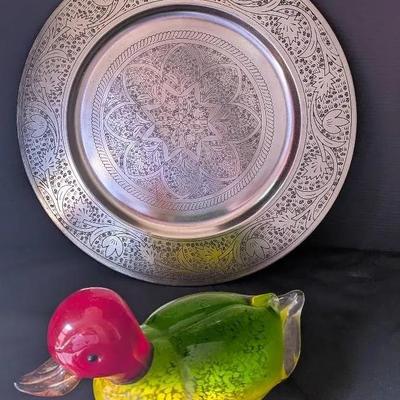 Lot of 2 Decorative Pieces – Blown Glass Duck & Etched Metal Plate