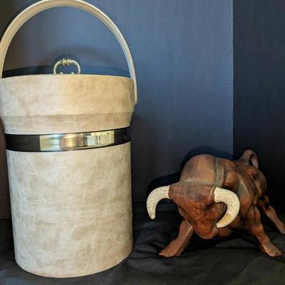 Mid-Century Modern Ice Bucket & Carved Wooden Bull Figurine