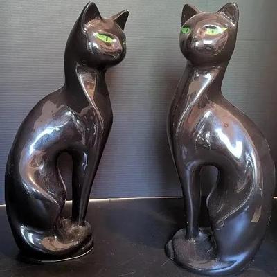 Pair of Vintage Black Ceramic Cat Figurines – Green Eyes 