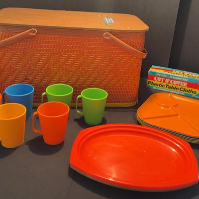 Vintage Woven Picnic Basket with Lid & Colorful Tableware