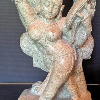 Hand-Carved Stone Sculpture – Hindu Goddess:  Dancing Woman with Fan
