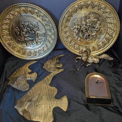 Lot of Vintage Brass Wall Art, Decorative Plates & Horse
