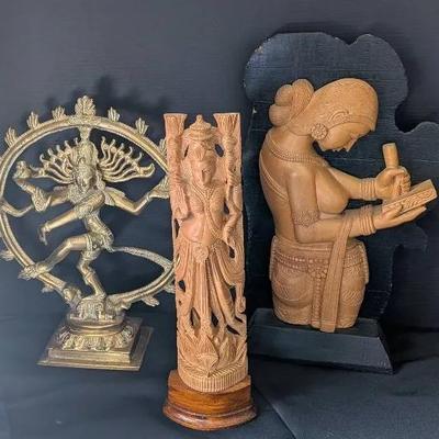 Lot of 3 Handcrafted Indian Art Sculptures – Brass & Wood Figures