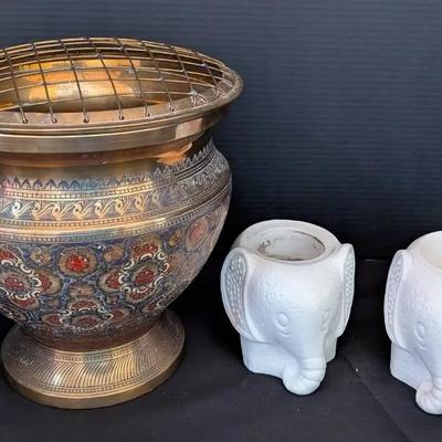 Lot of 3 Decorative Pieces – Brass Enamel Incense Burner & Pair of Ceramic Elephant Planters