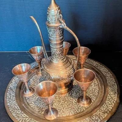 Vintage Brass Etched Ewer and Goblet Set with Tray