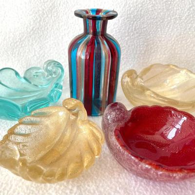 Murano Art Glass Ashtrays And Bud Vase 5pcs