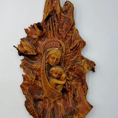 Virgin Mary & Infant Jesus Carved Wood With Plaster Overlay