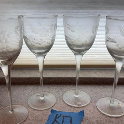 Four Flower Etched Wine Glasses