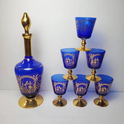 Vintage Italian Murano-Style Cobalt Blue Decanter Set with Gold Overlay