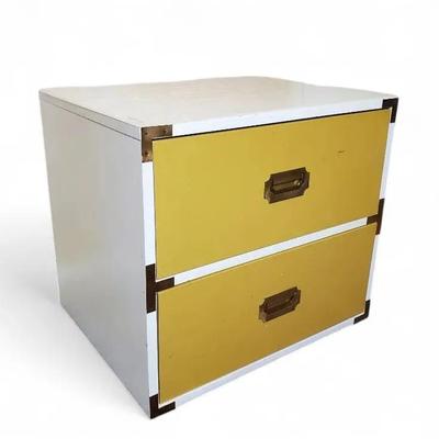 Vintage Campaign Style Night Stand, Yellow & White with Brass Trim - 24x19x22.5"