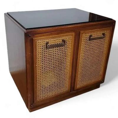 MCM Cane Front Two-Door Cabinet with Black Glass Top - 24x18x26.5" - 2 of 2