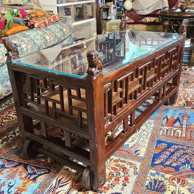 Asian Style Coffee Table With Foo Dog Finials - 40x19x24”