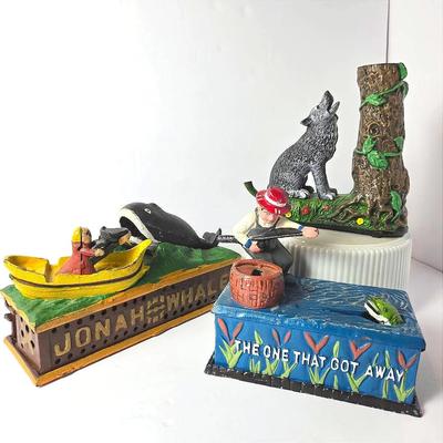 Reproduction Cast Iron Banks - Jonah & The Whale, Fishing, Wolf & Squirrel