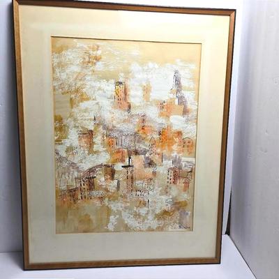 Midcentury Cityscape In Clouds Watercolor Signed B Linder 