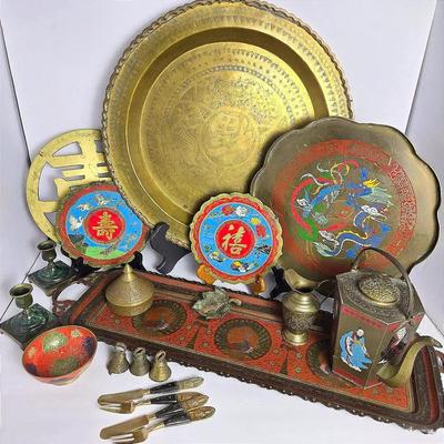 Enameled & Chased Brass Trays, Teapot, More