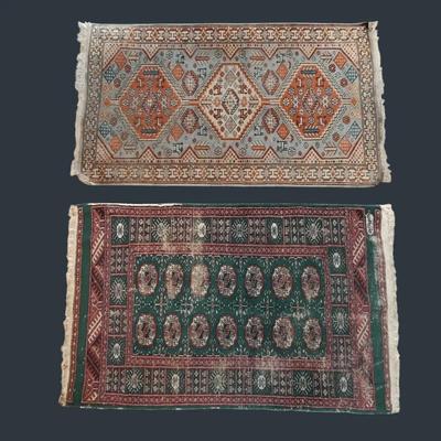 Handwoven Green Bokhara & Rust Tribal Geometric Area Rugs - 4’1”x2x6” & 4’x2’8”