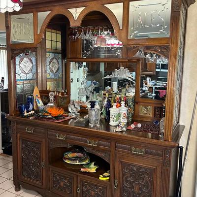 Vintage Back Bar With Stained Glass & Knight & Castle