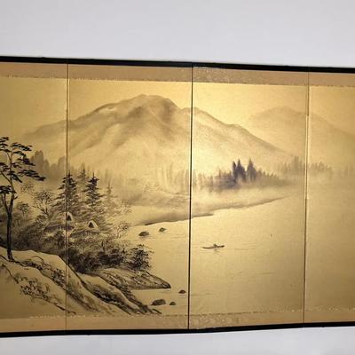 Hand-Painted Asian Silk Folding Room Divider – Vintage 4-Panel Screen