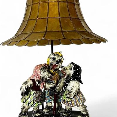 Vintage Anthropomorphic Ceramic Dogs Figural Lamp With Capiz Shell Shade - 31”