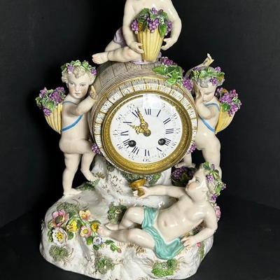 Antique Wollendorf Thuringia Porcelain Mantle Clock With Cherubs & Wine Barrel 