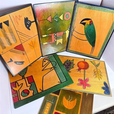 Kakadu Designs Reut Shaher Signed Hand Painted Wood Placemats (6) - 12x15.5"