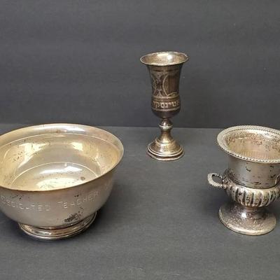 Sterling Silver 3" Toothpick Holder, 4.5" Kiddush Cup & Candy Bowl