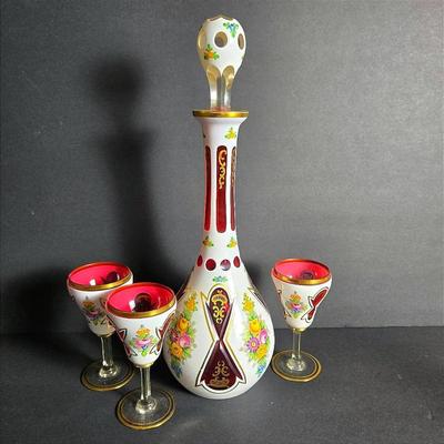 Bohemian Cased Glass Decanter & Wine Glasses 