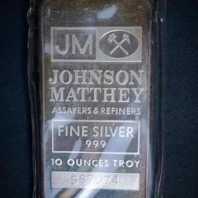 10 oz 999 Fine Silver Bar, Vintage J&M Johnson Matthey, Lot 2