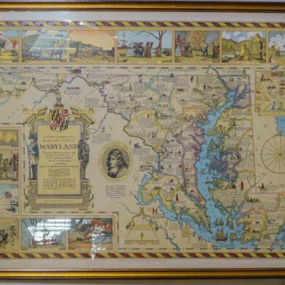 Framed 1931 Pictorial Map of Maryland by Edwin Tunis – Commemorative 300th Anniversary, 43x30"