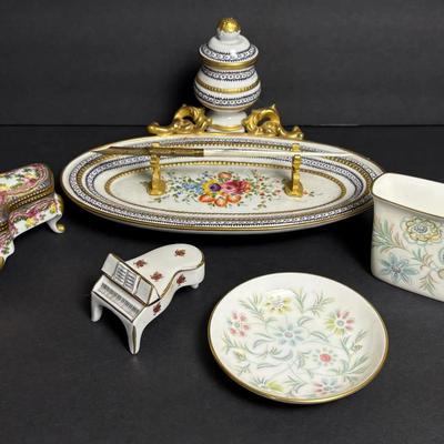 Bonwit Teller Ceramic Inkwell With Dip Pen, Minton Toothpick Holder & Dish, Piano Trinket Boxes 