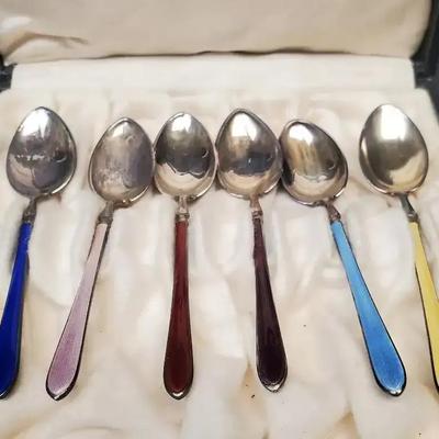 Sterling Silver David Andersen Norway Enamel Spoon Set in Original Box