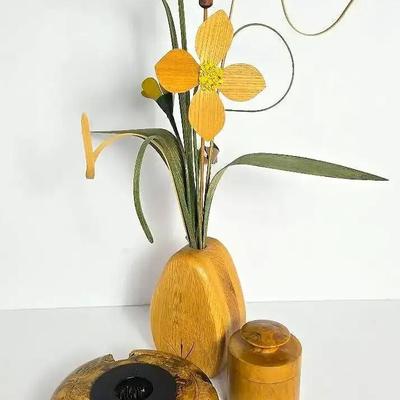 Warren Vienneau Burl Wood Ikebana, Wood n Things Flowers In Vase Plus Wood Jar 