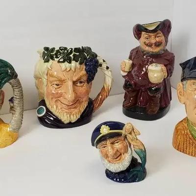 Royal Doulton Toby Jugs: Golfer, Bacchus, Robinson Crusoe, Old Salt & Falstaff 