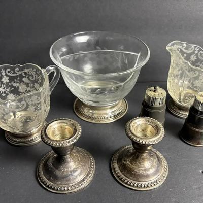 Weighted Sterling Silver Candle Holders (2) and Salt & Pepper Shakers, 2.5", Creamer & Two Bowls