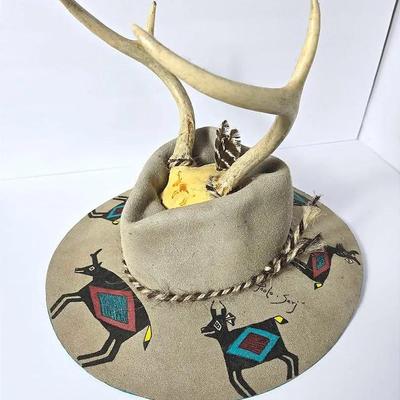 Signed Customized Felt Hat With Antlers & Native American Motif 