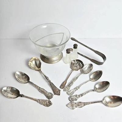 Sterling Slcer Spoons Plus Sterling Topped Shakers & Divided Bowl Wth Sterling Base