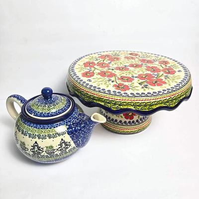 Polish Pottery Unikat Cake Stand, Hand Painted Artisan Signed & Teapot