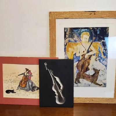 Musical Art Trio: Signed Watercolor, Plaster Relief, Otto Schneid Fratelli Alinari Otto Repro Print 