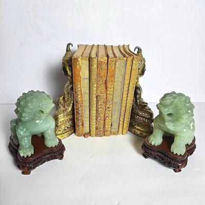 Buddha Bookends 7”, Jade Foo Dogs 5”, Antique Books