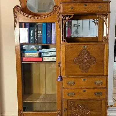 Antique Oak Side-by-Side Secretary Display Cabinet - 48x14x76”