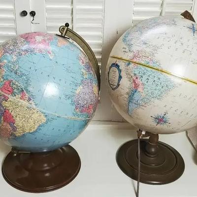 Vintage World Globe Pair, One illuminated - 16" & 17" Tall